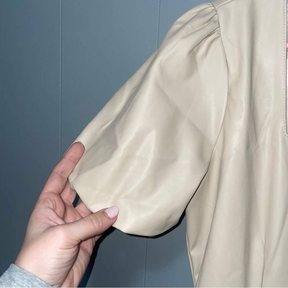 Lulus NWT Aiming to Achieve Beige Vegan Leather Puff Sleeve Mini Dress Medium - Picture 7 of 11